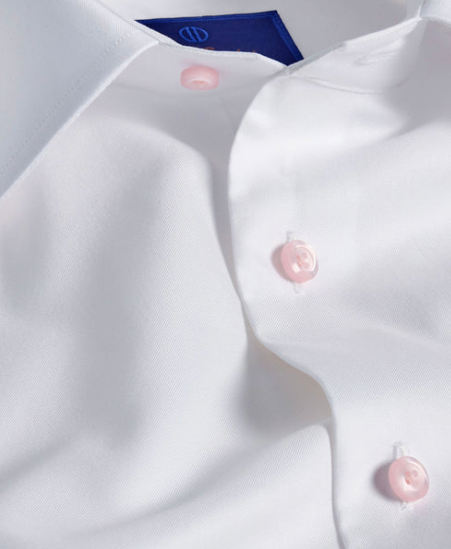 David Donahue Super Fine Twill Dress Shirt with Pink Buttons