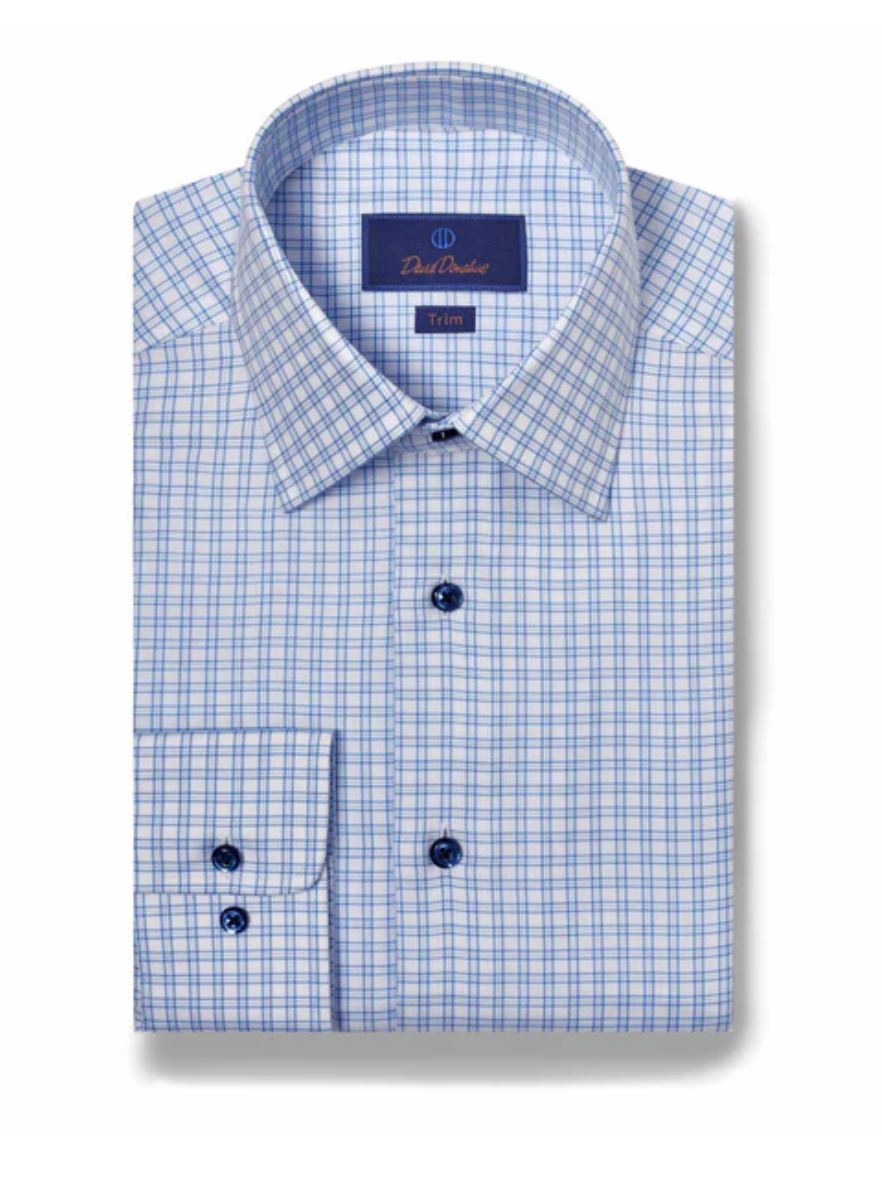 David Donahue Sky & White Basketweave Check Dress Shirt