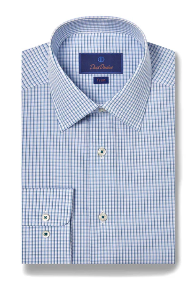 David Donahue White and Ocean Micro Check Dress Shirt