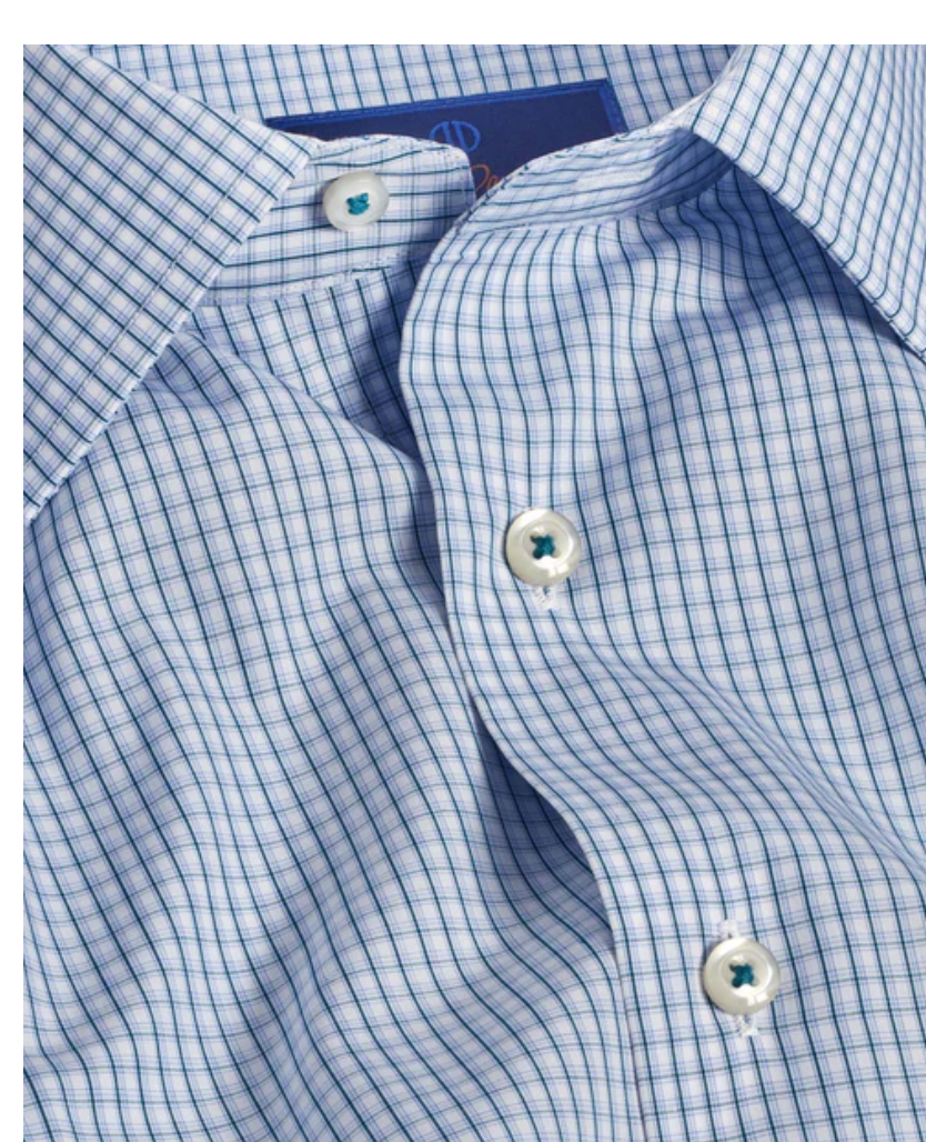 David Donahue White and Ocean Micro Check Dress Shirt