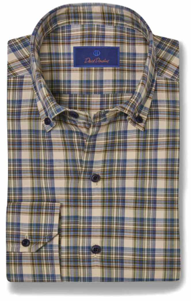 David Donahue Olive Herringbone Plaid Sport Shirt