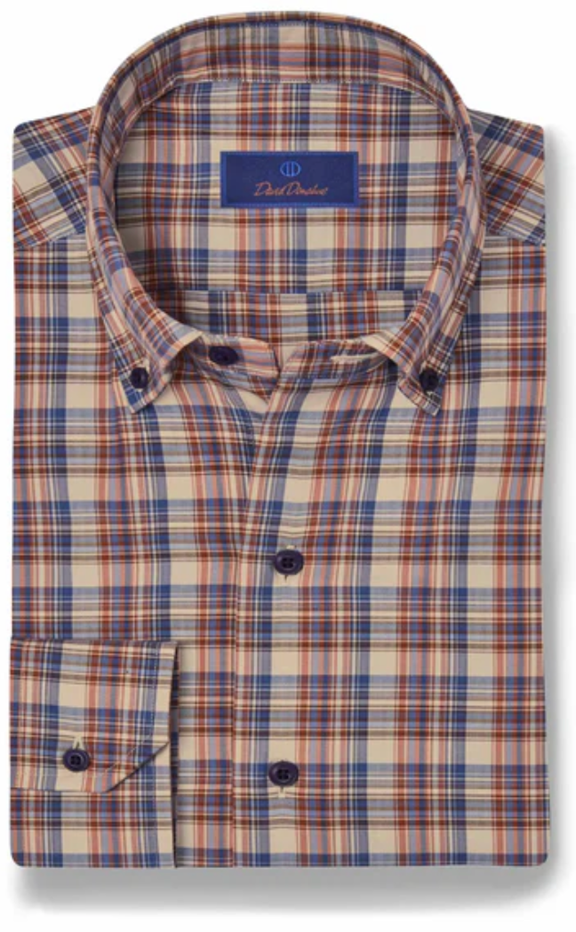 David Donahue Pumpkin Herringbone Plaid Sport Shirt